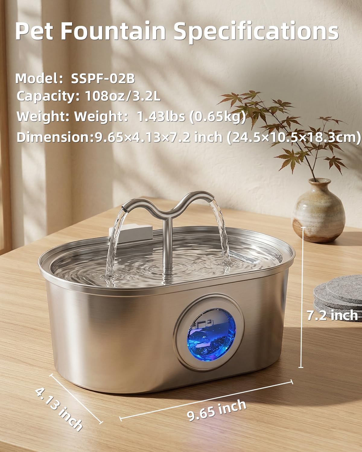 Stainless Steel Cat Water Fountain, 108oz-3.2L Pet Water Fountain For Cats Indoor, With Dual Spouts For Multiple Cats, U