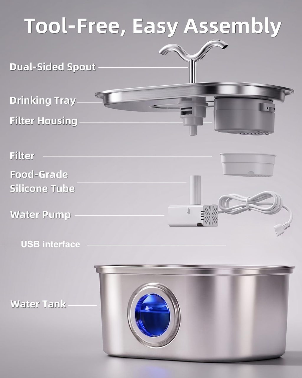 Stainless Steel Cat Water Fountain, 108oz-3.2L Pet Water Fountain For Cats Indoor, With Dual Spouts For Multiple Cats, U