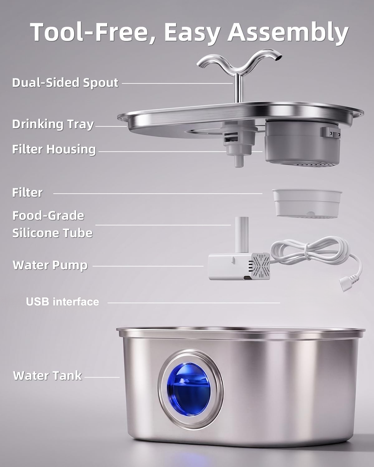Stainless Steel Cat Water Fountain, 108oz-3.2L Pet Water Fountain For Cats Indoor, With Dual Spouts For Multiple Cats, U