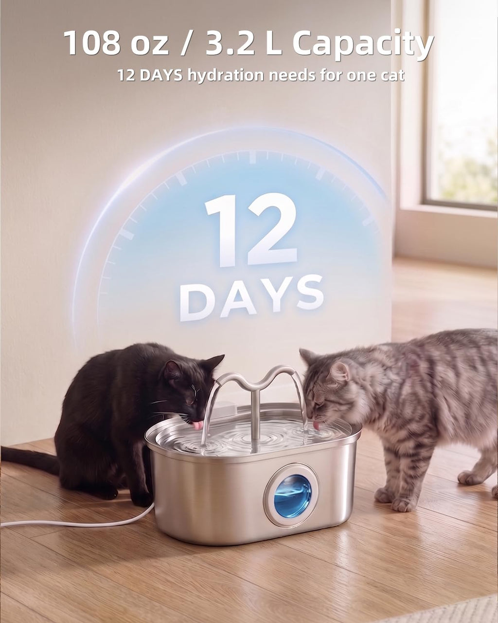 Stainless Steel Cat Water Fountain, 108oz-3.2L Pet Water Fountain For Cats Indoor, With Dual Spouts For Multiple Cats, U
