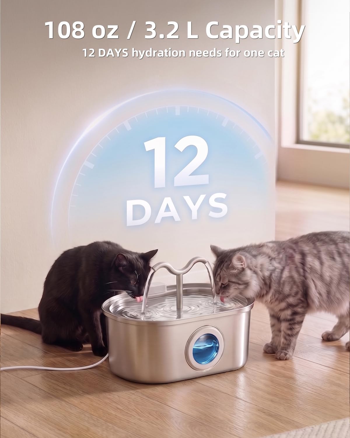 Stainless Steel Cat Water Fountain, 108oz-3.2L Pet Water Fountain For Cats Indoor, With Dual Spouts For Multiple Cats, U