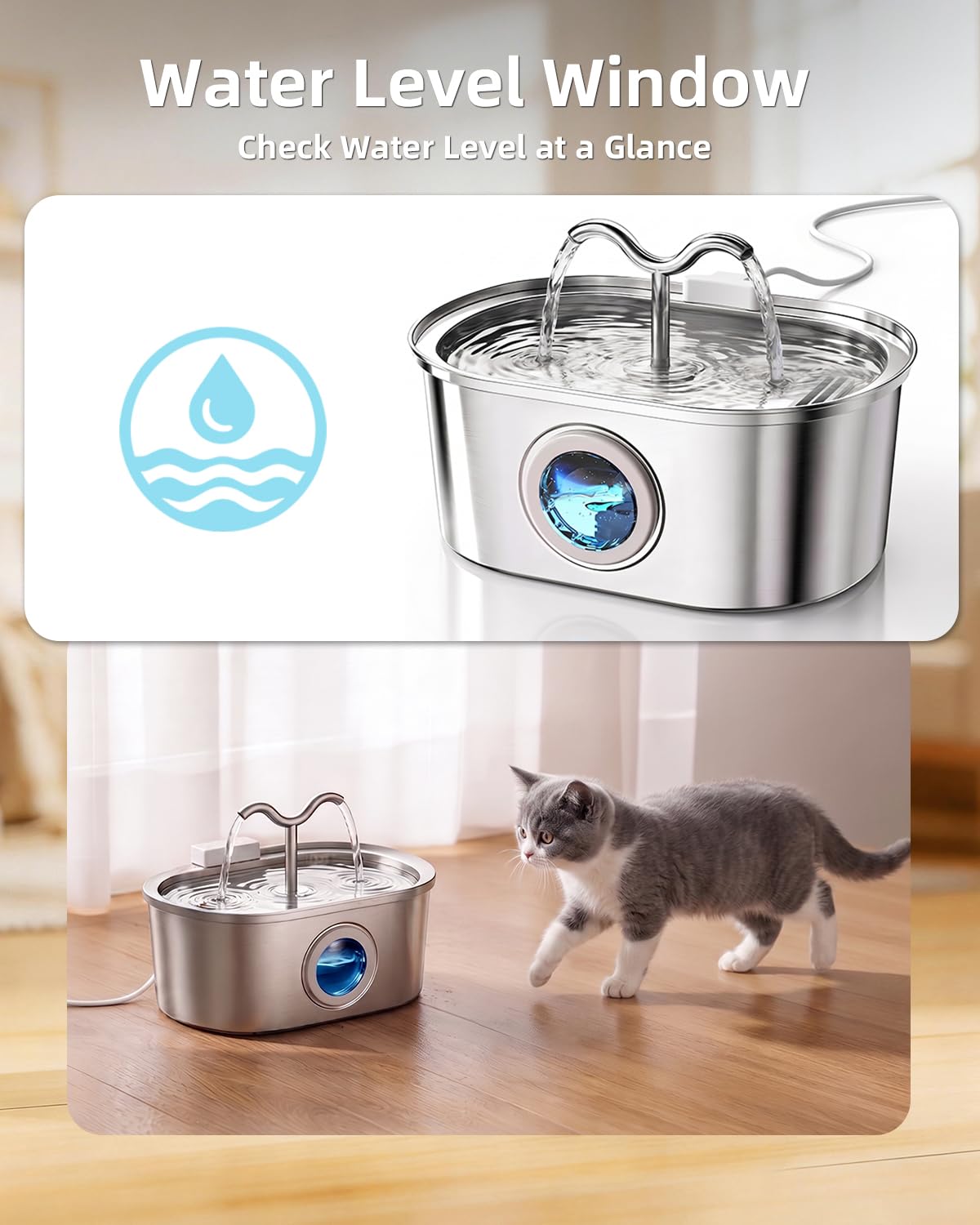 Stainless Steel Cat Water Fountain, 108oz-3.2L Pet Water Fountain For Cats Indoor, With Dual Spouts For Multiple Cats, U